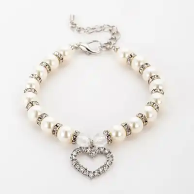 Pet Cute Rhinestones Heart Pendant Beaded Collar Sizes S M L