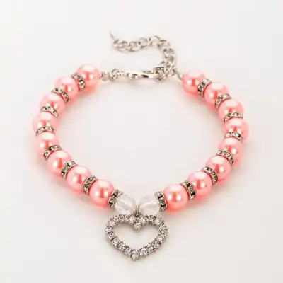 Pet Cute Rhinestones Heart Pendant Beaded Collar Sizes S M L