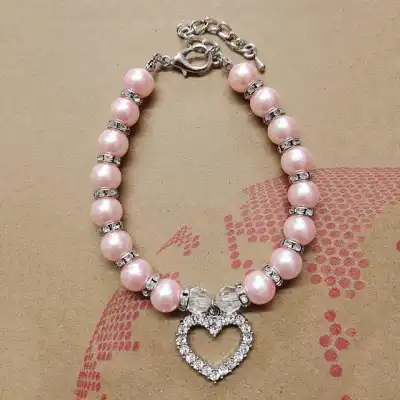Pet Cute Rhinestones Heart Pendant Beaded Collar Sizes S M L