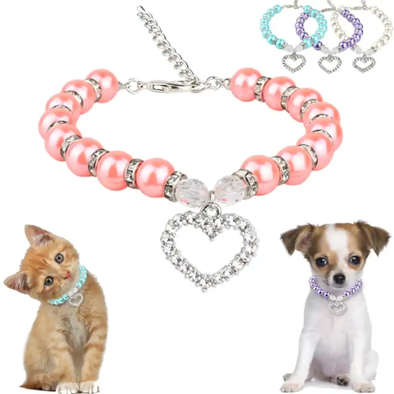 Pet Cute Rhinestones Heart Pendant Beaded Collar Sizes S M L