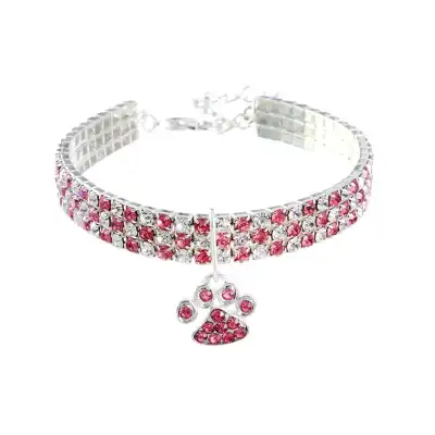 Princess Style Rhinestone Inlaid Cat Paw Pendant Pet Collar with Extension Chain (S, M, L)