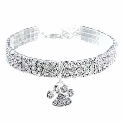 Princess Style Rhinestone Inlaid Cat Paw Pendant Pet Collar with Extension Chain (S, M, L)