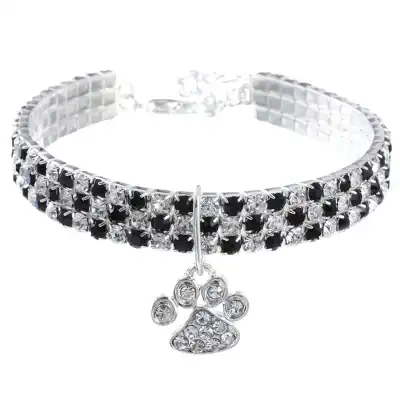 Princess Style Rhinestone Inlaid Cat Paw Pendant Pet Collar with Extension Chain (S, M, L)