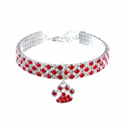 Princess Style Rhinestone Inlaid Cat Paw Pendant Pet Collar with Extension Chain (S, M, L)