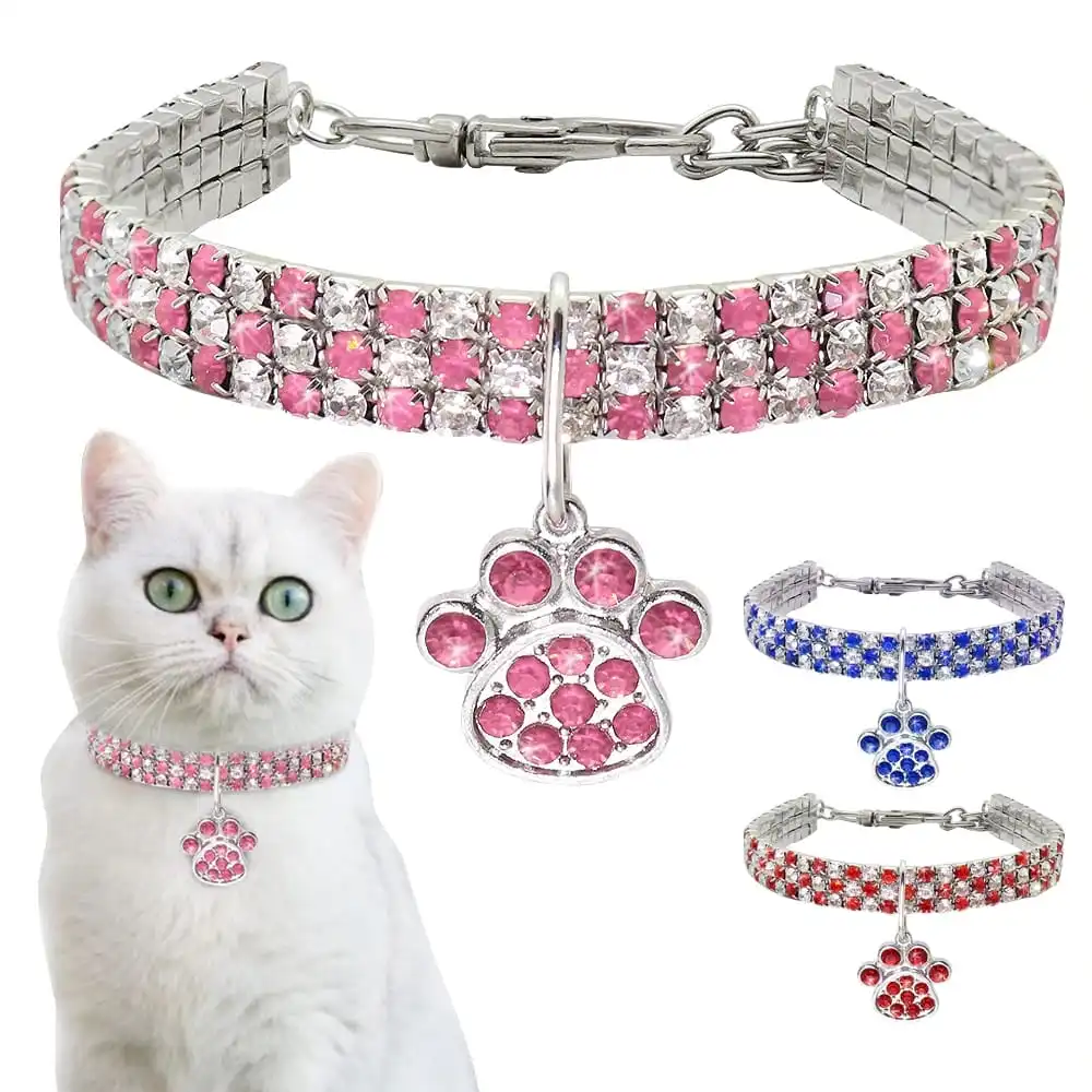 Princess Style Rhinestone Inlaid Cat Paw Pendant Pet Collar with Extension Chain (S, M, L)