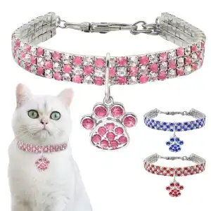 Princess Style Rhinestone Inlaid Cat Paw Pendant Pet Collar with Extension Chain (S, M, L)