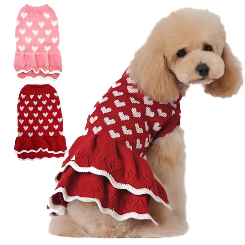 Fashion Heart Pattern Pet Knitted Sweater Dress for Mother Dog