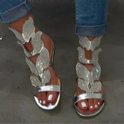 Size:4.5-11 Women Fashion Rhinestone Non-slip Butterfly Buckle Sandals