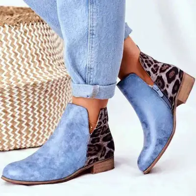 Vintage Women Fashion Leopard PU Leather Short Boots