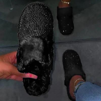 Women's Rhinestone Soft Bottom Plush Slippers with Faux Fur (Size 5-11)