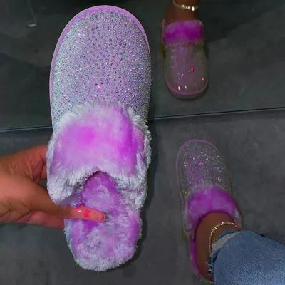 Women's Rhinestone Soft Bottom Plush Slippers with Faux Fur (Size 5-11)