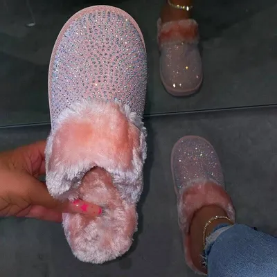 Women's Rhinestone Soft Bottom Plush Slippers with Faux Fur (Size 5-11)