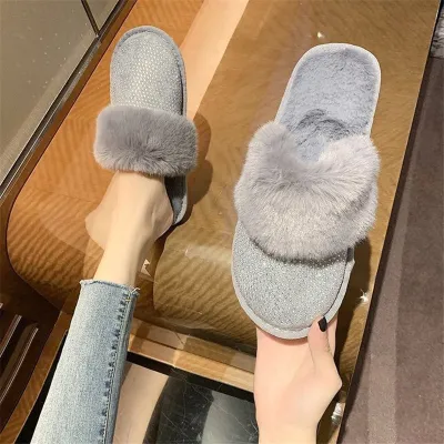 Women's Rhinestone Soft Bottom Plush Slippers with Faux Fur (Size 5-11)