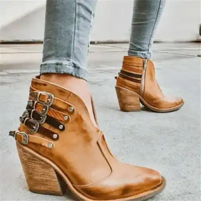 Women Fashion Rivet Belt Buckle Wooden Heel Short Boots Size 4.5-11