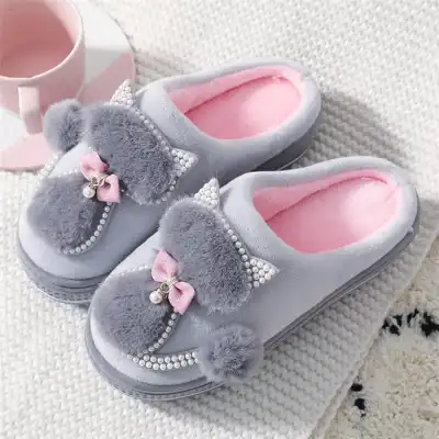 Women's Cartoon Beaded Winter Thick-soled House Slippers Size 4.5-8.5