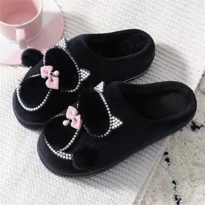 Women's Cartoon Beaded Winter Thick-soled House Slippers Size 4.5-8.5