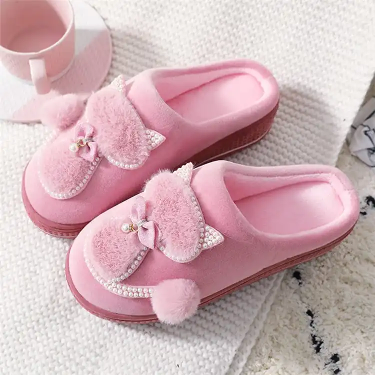 Women's Cartoon Beaded Winter Thick-soled House Slippers Size 4.5-8.5
