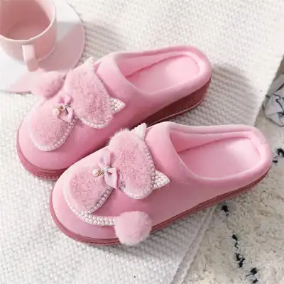 Women's Cartoon Beaded Winter Thick-soled House Slippers Size 4.5-8.5