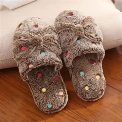 Women Fashion Color Block Bow Winter House Slippers Size 5-10