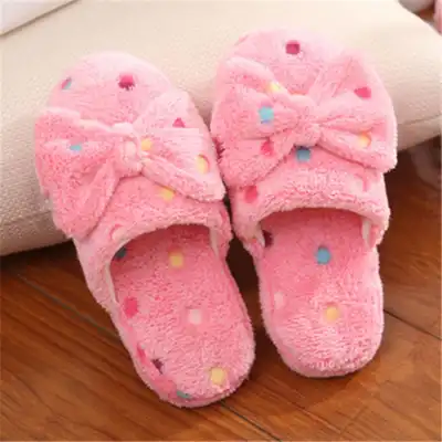 Women Fashion Color Block Bow Winter House Slippers Size 5-10