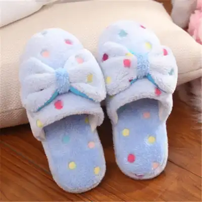 Women Fashion Color Block Bow Winter House Slippers Size 5-10