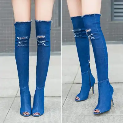Women Solid Color Denim Over The Knee Boots Peep Toe Stiletto Heel Size 4.5-9