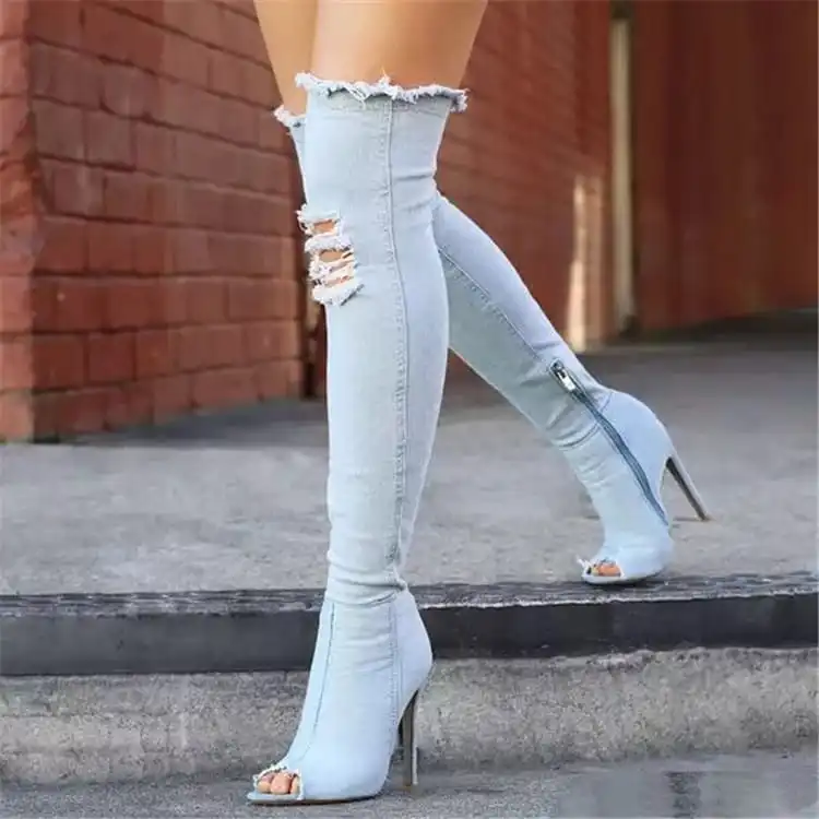 Women Solid Color Denim Over The Knee Boots Peep Toe Stiletto Heel Size 4.5-9
