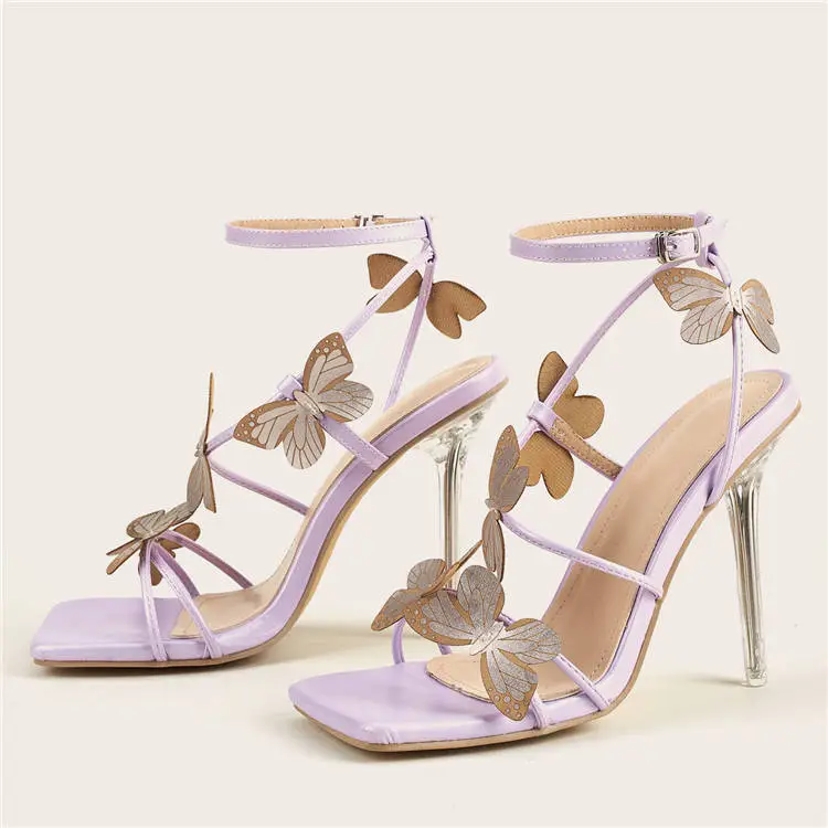 Women Fashion Butterfly Decorative Transparent High Heels Genuine Leather Chunky Heel Shoes Size 4.5-9