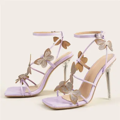 Women Fashion Butterfly Decorative Transparent High Heels Genuine Leather Chunky Heel Shoes Size 4.5-9