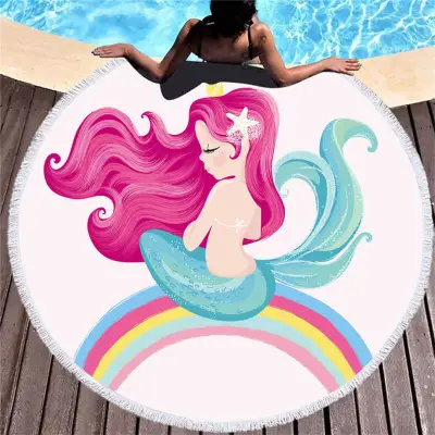 Cute Mermaid Printing Round Beach Towel for Women