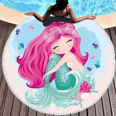 Cute Mermaid Printing Round Beach Towel for Women