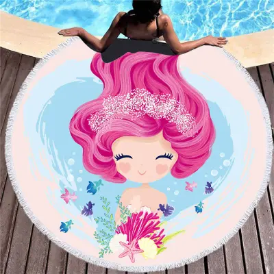Cute Mermaid Printing Round Beach Towel for Women