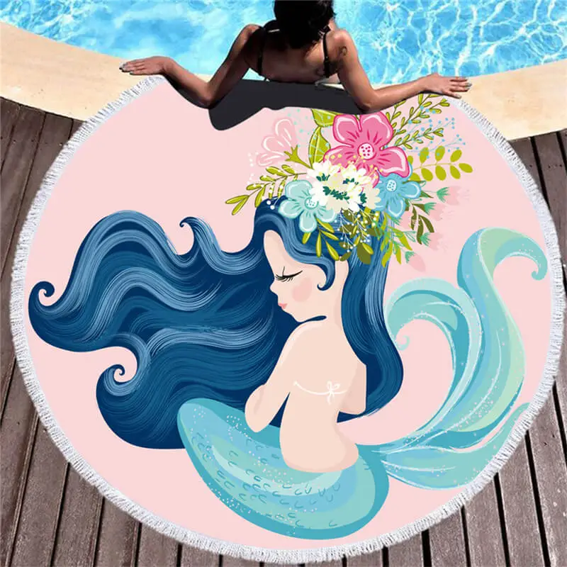 Cute Mermaid Printing Round Beach Towel for Women