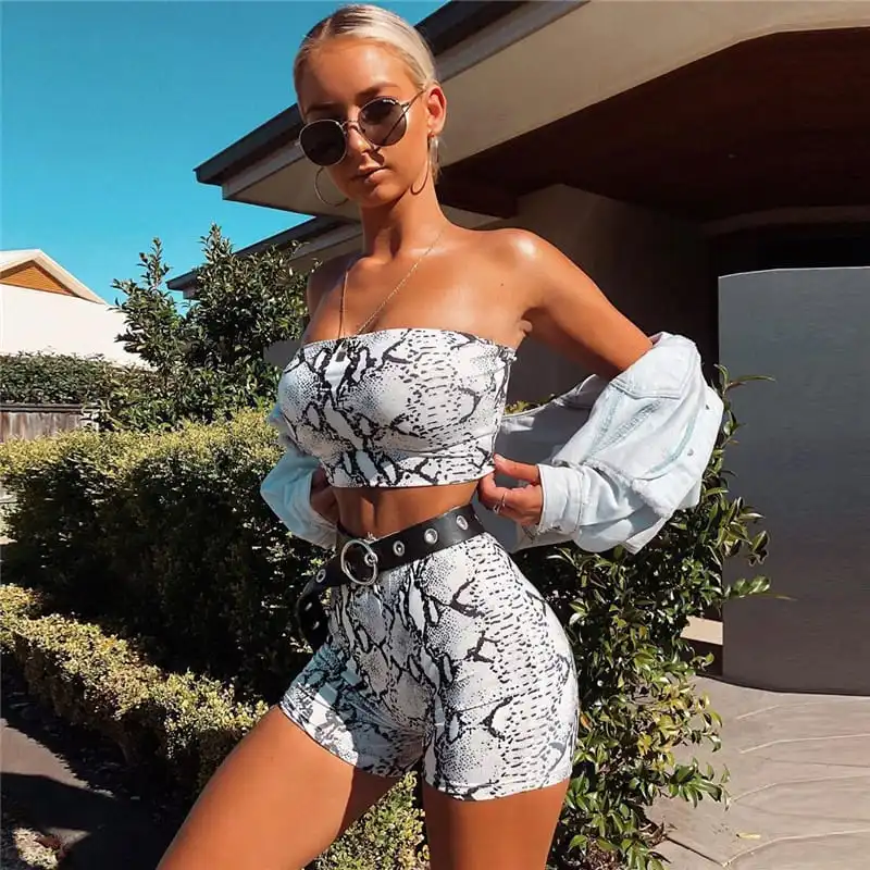 S-L Women Fashion Snakeskin Print Strapless Tankinis Swimwear Set