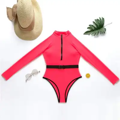 S-L Women Fashion Stand Collar Zipper Long Sleeve Sports One-Piece Swimsuit