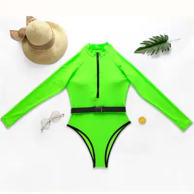 S-L Women Fashion Stand Collar Zipper Long Sleeve Sports One-Piece Swimsuit