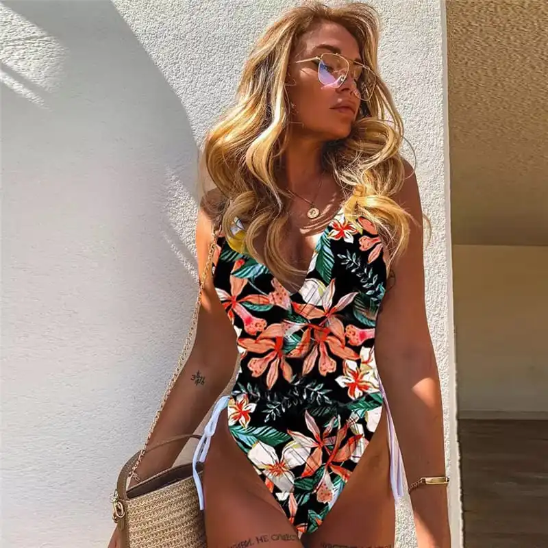 S-L Women Sexy Deep V Lace Up Graphic Printed One-Piece Swimsuit