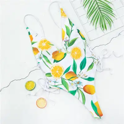 S-L Women Sexy Deep V Lace Up Graphic Printed One-Piece Swimsuit
