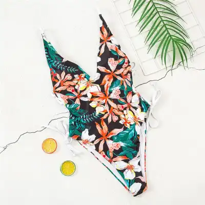 S-L Women Sexy Deep V Lace Up Graphic Printed One-Piece Swimsuit
