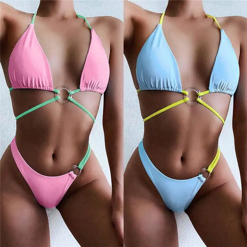 S-L Women Sexy Color Blocking Halter Neck Bikini Swimsuit