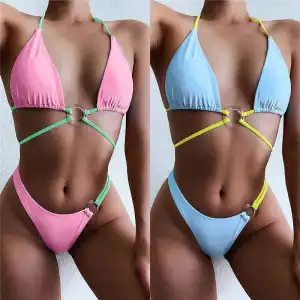 S-L Women Sexy Color Blocking Halter Neck Bikini Swimsuit