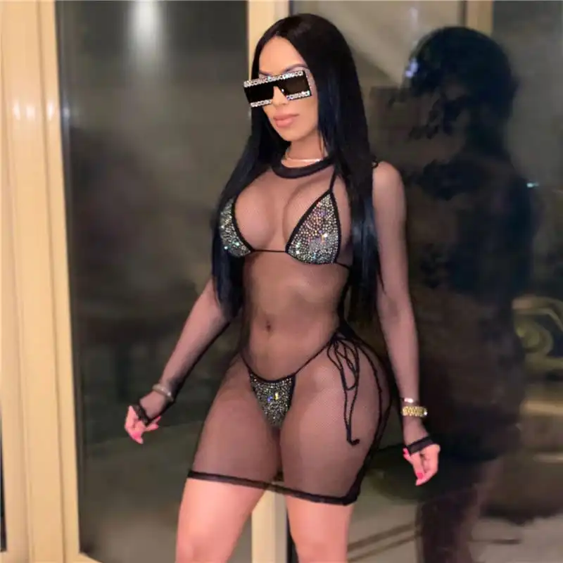S-2XL Women Sexy Rhinestone Mesh Bikini Set