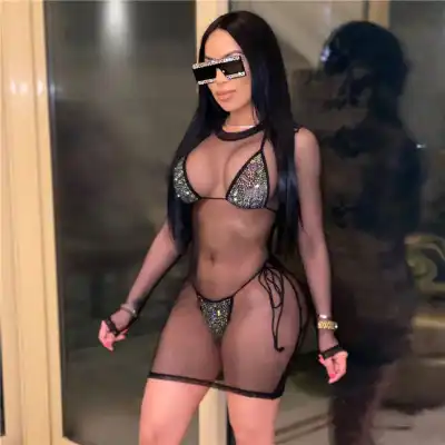 S-2XL Women Sexy Rhinestone Mesh Bikini Set