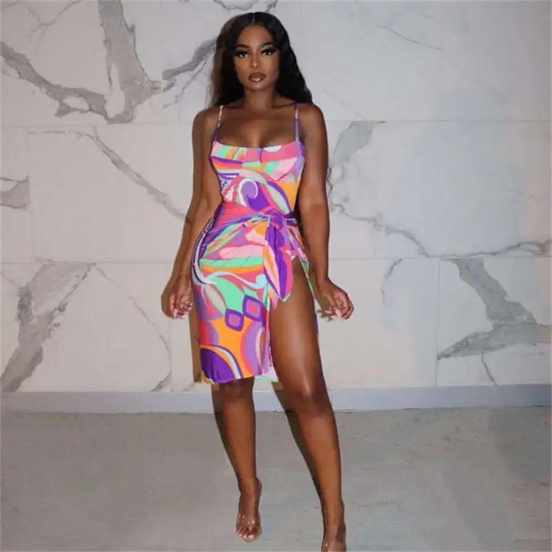 S-2XL Women Fashion Graphic Printed Strap Bodysuit Swimwear Set