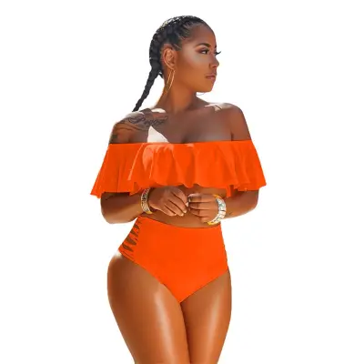 S-3XL Women Off-the-shoulder Solid Color Tankini Swimwear
