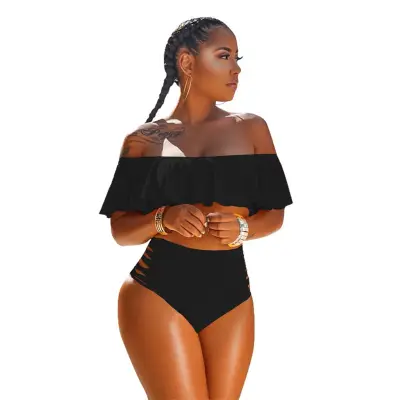 S-3XL Women Off-the-shoulder Solid Color Tankini Swimwear
