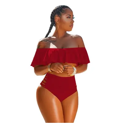S-3XL Women Off-the-shoulder Solid Color Tankini Swimwear
