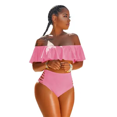 S-3XL Women Off-the-shoulder Solid Color Tankini Swimwear