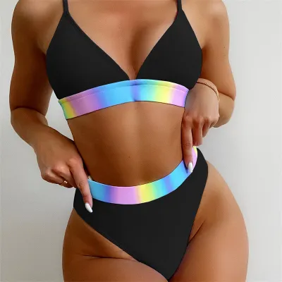 S-L Women Color Contrast Patchwork Iridescent Bikini