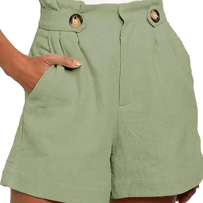 S-XXL Women Solid Color Ruffled Button Design Loose High Waist Shorts